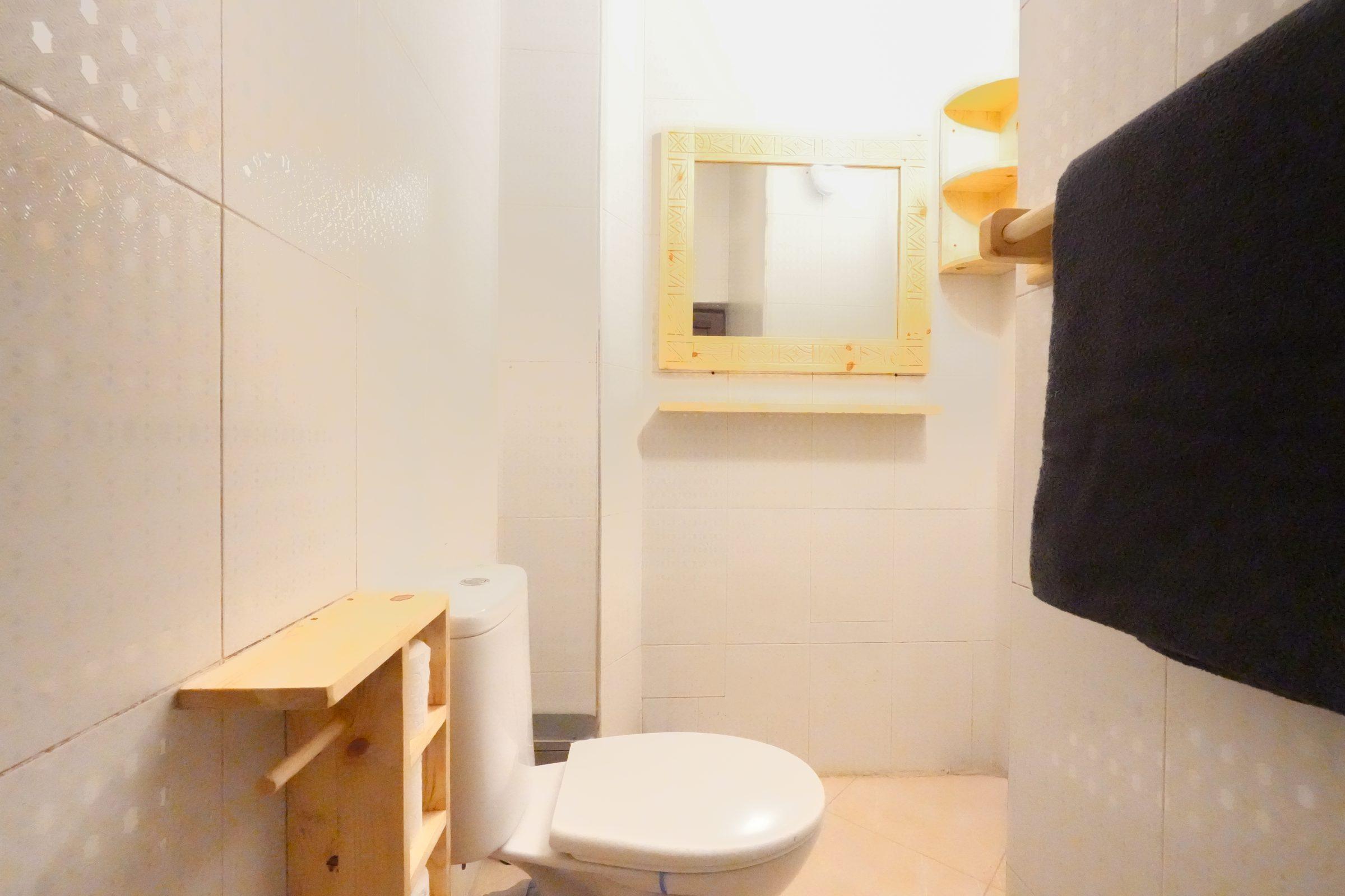 Compact bathroom with shower and shelving