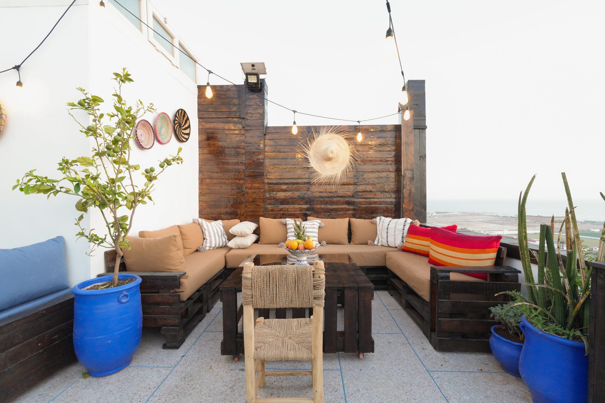 Wide view of the rooftop terrace and lounge area