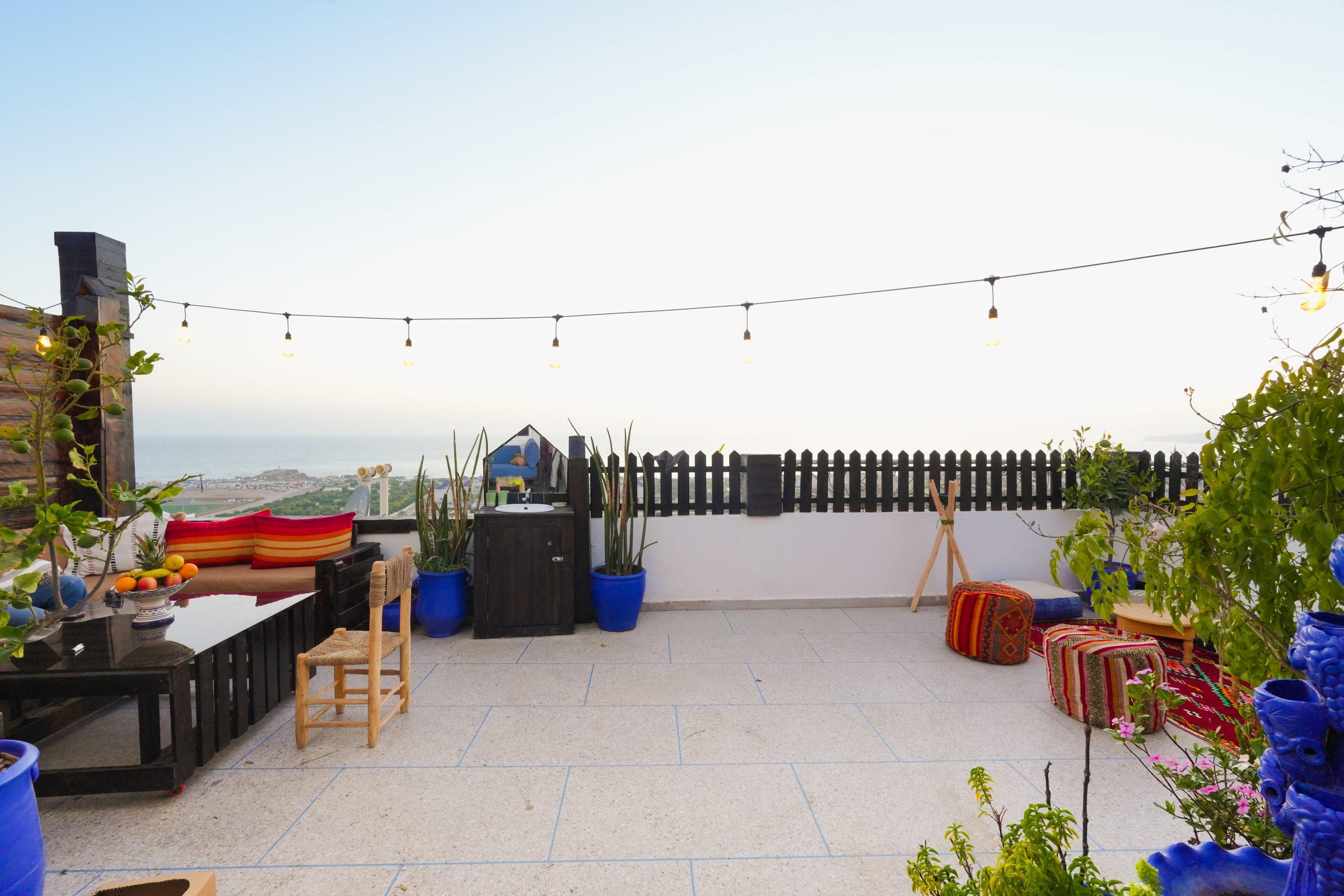 Rooftop terrace at Chmicha Surf Camp overlooking the coast